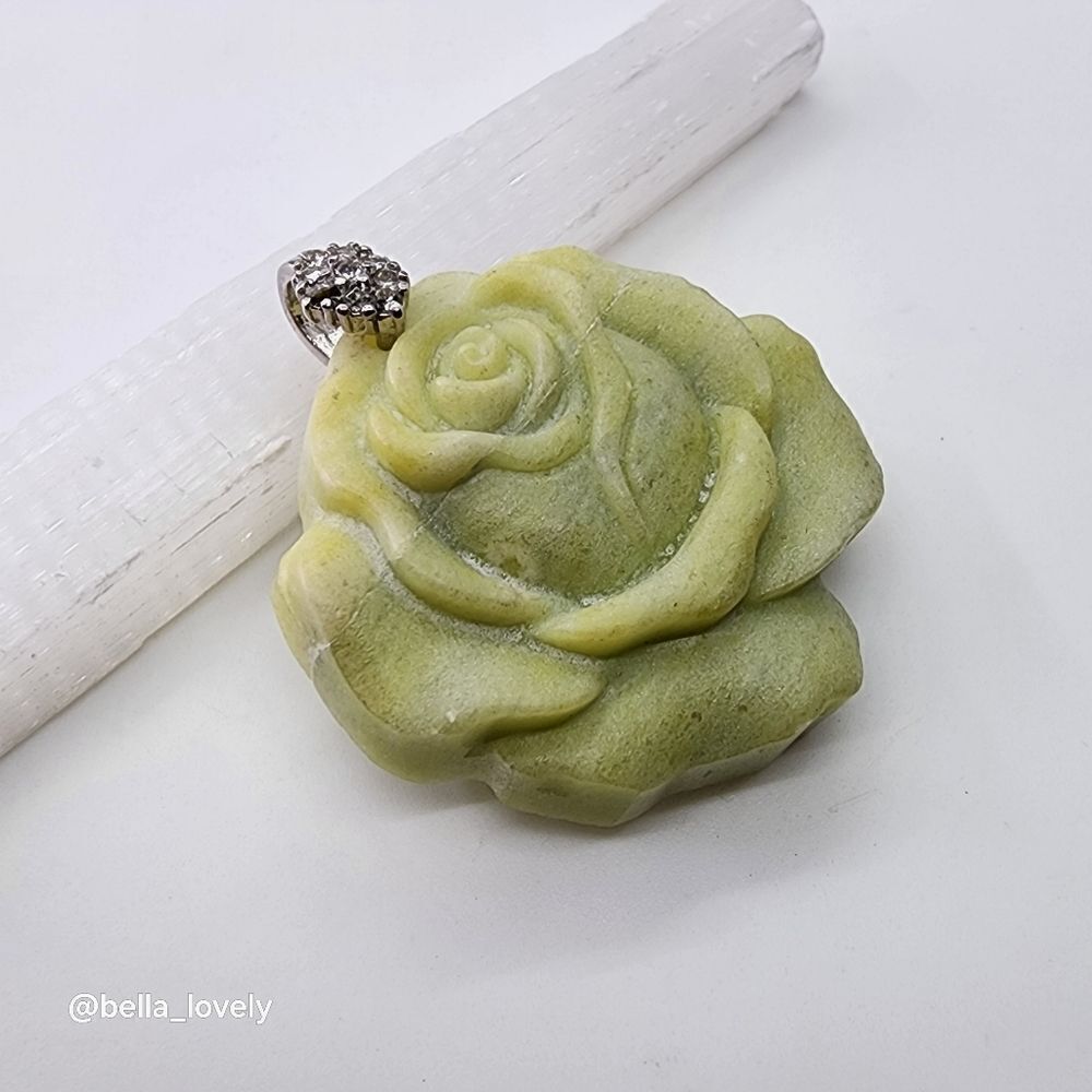 Handmade Carved Jade Rose Pendant w/ Silver Sparkly Bail